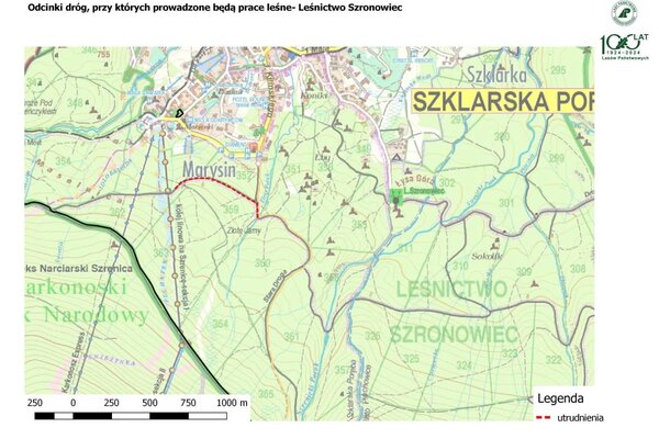 Utrudnienia na szlaku żółtym i drodze rowerowej- Leśnictwo Szronowiec