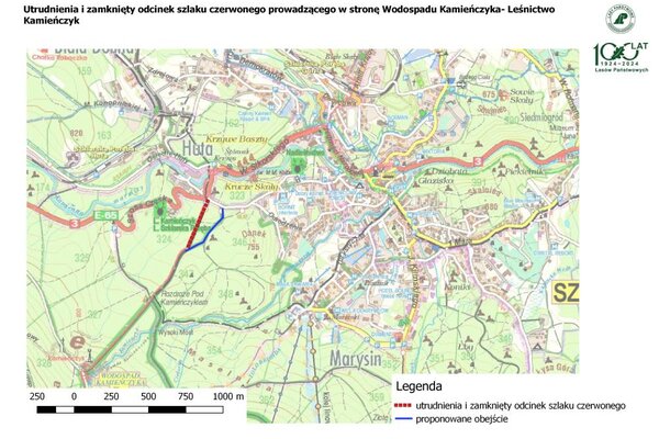 Utrudnienia na szlaku oraz tymczasowo zamknięty odcinek szlaku czerwonego prowadzącego w stronę Wodospadu Kamieńczyka- Leśnictwo Kamieńczyk