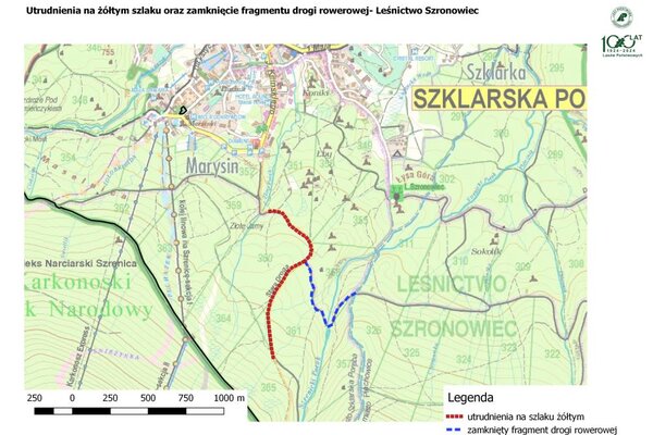 Utrudnienia na szlaku żółtym (tzw. Stara Droga)- Leśnictwo Szronowiec