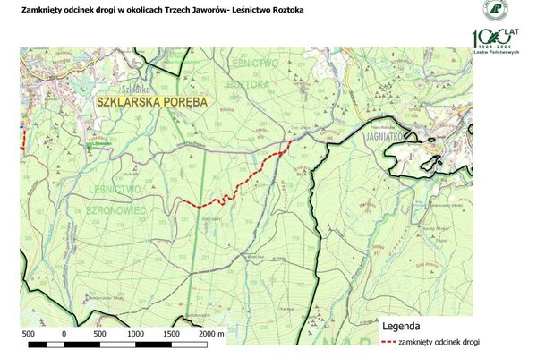 Tymczasowo zamknięta droga leśna w okolicach Trzech Jaworów- Leśnictwo Roztoka