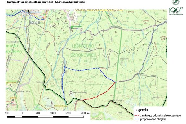 Tymczasowo zamknięty odcinek szlaku czarnego w okolicach Borówczanych Skał-Leśnictwo Szronowiec